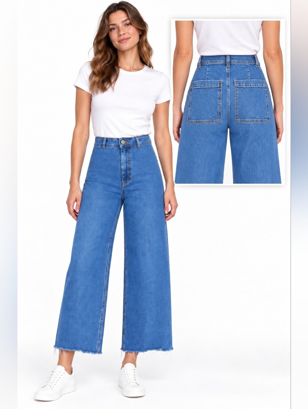 Zara High Rise Wide Leg Jeans Size 6 Medium Wash Raw Hem Stretch BTS